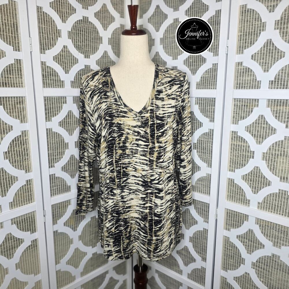 Chico's Rayon Zebra Print Metallic Gold Accent V Neck Long Sleeve Top Size 1=M/8